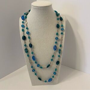 Art Glass Long Blue Teal Glass Beaded Necklace Silver Tone Wire Wrapped Beads